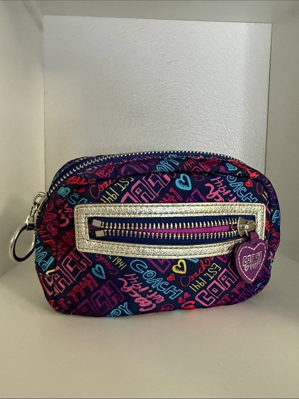 S Coach Poppy Multicolor Script Mini Cosmetic Pouch with Silver Accent